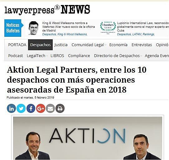 Aktion Legal Partners, entre los 10 despachos con ms operaciones asesoradas de Espaa en 2018